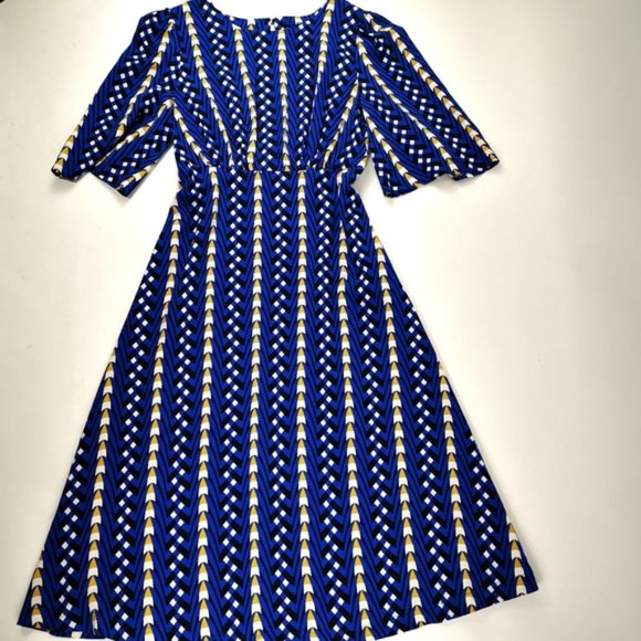 Anthropogie Bold Blue Geo Arrow Prints Midi Dress Lully Lined A line - Picture 3 of 6